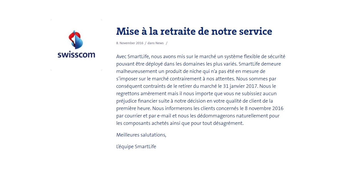 Lire la suite à propos de l’article Swisscom annonce l’arrêt de son service SmartLife